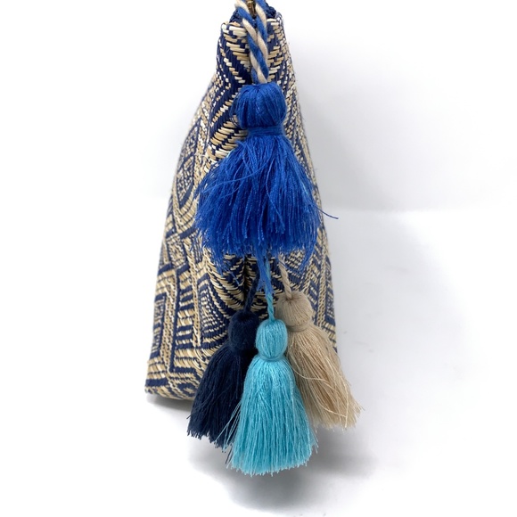 Weaved Wallet Bag Purse Boho Blue Cream Ivory - Picture 4 of 6